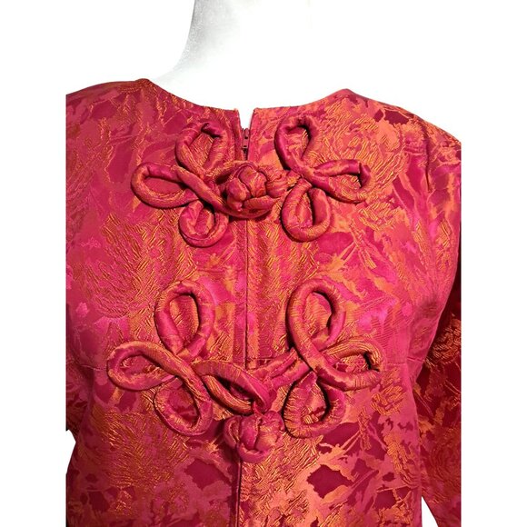 Vintage Pink & Orange Brocade Kimono Dress With Mandarin Collar Frog Buttons Hel - Picture 7 of 12